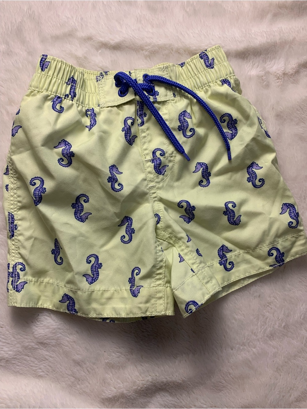 GAP Baby Lime Swim Shorts with Purple Seahorse Print and Blue Drawstring